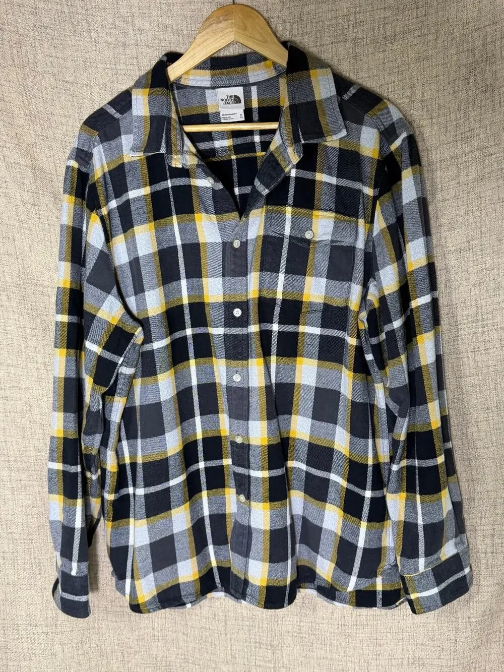 The North Face Flannel Shirt Men's XL Black Yellow Plaid Long Sleeve Button Down